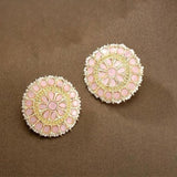 Gold Plated Kundan And Pearl Round Floral Stud Earrings For Womens