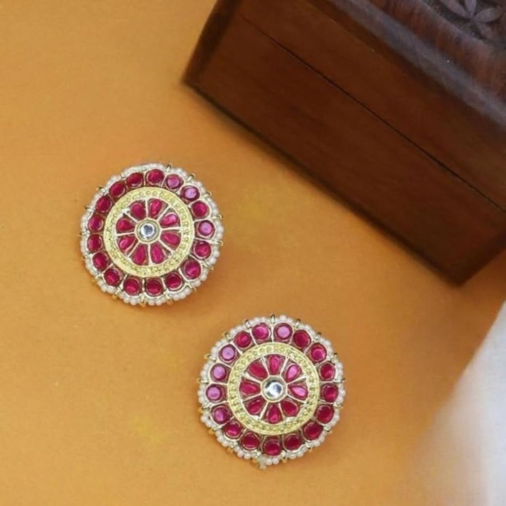 Gold Plated Kundan And Pearl Round Floral Stud Earrings For Womens