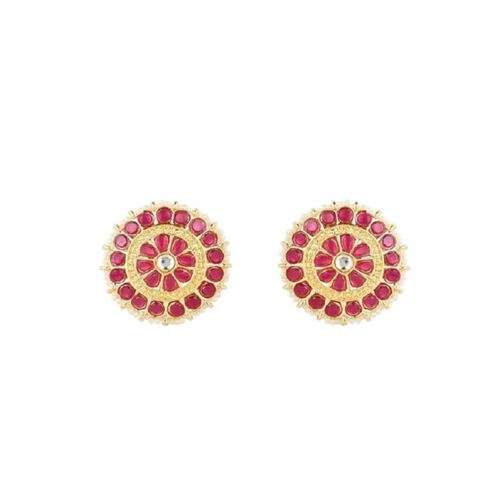 Gold Plated Kundan And Pearl Round Floral Stud Earrings For Womens