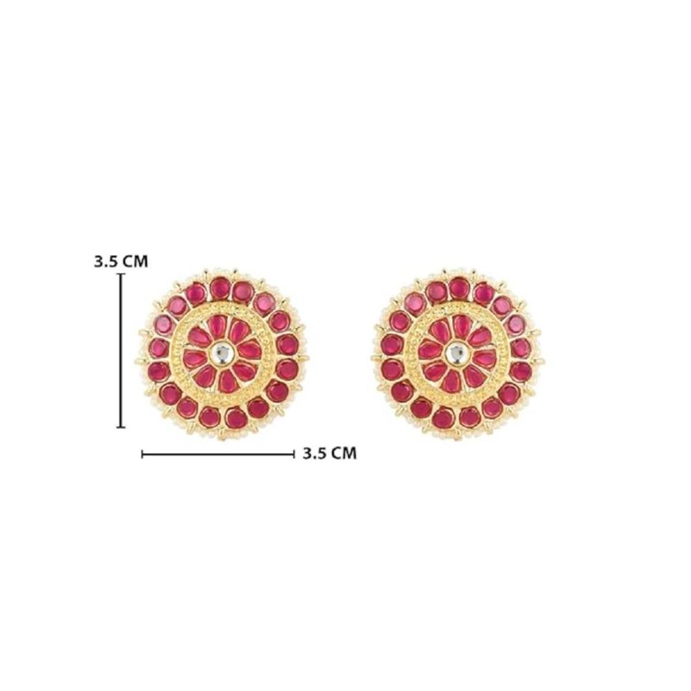 Gold Plated Kundan And Pearl Round Floral Stud Earrings For Womens