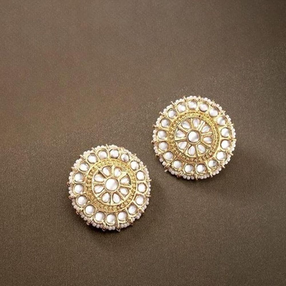 Gold Plated Kundan And Pearl Round Floral Stud Earrings For Womens