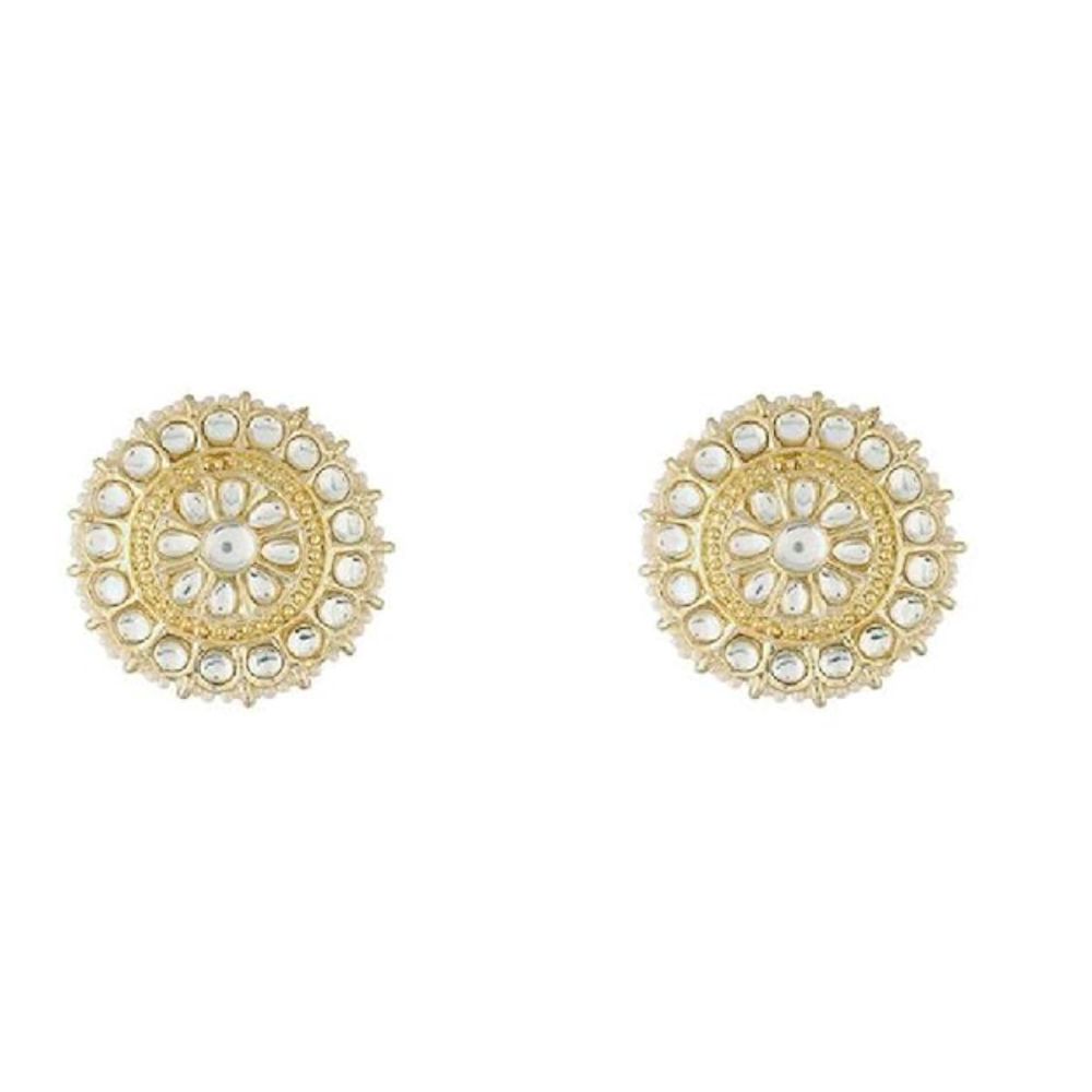 Gold Plated Kundan And Pearl Round Floral Stud Earrings For Womens