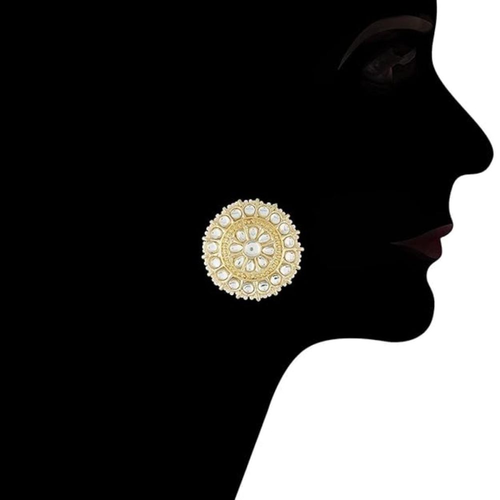 Gold Plated Kundan And Pearl Round Floral Stud Earrings For Womens