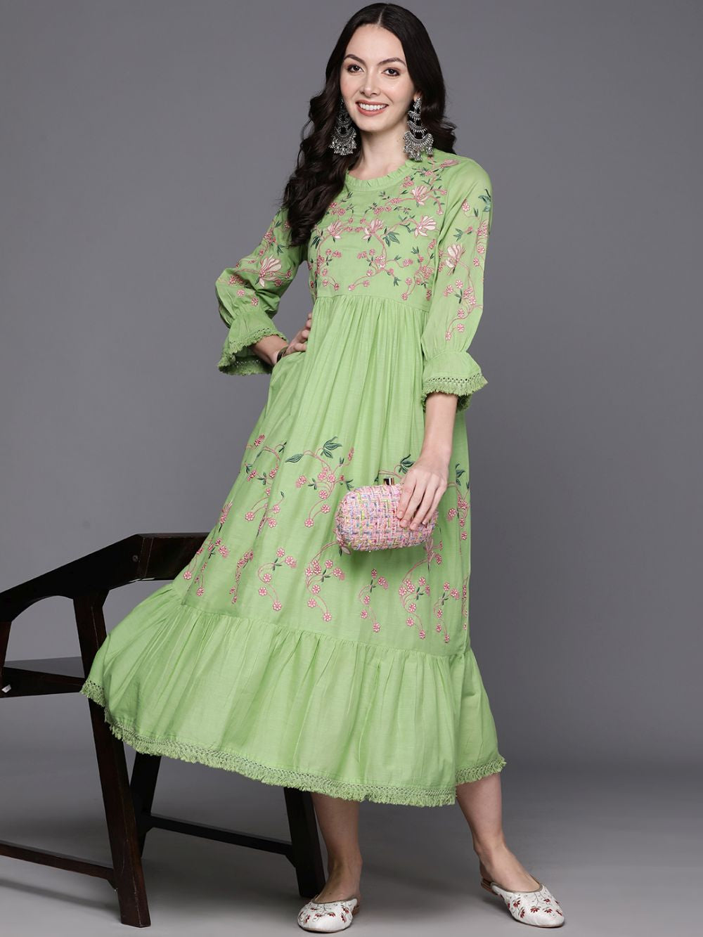 Green Cotton Embroidered Dress
