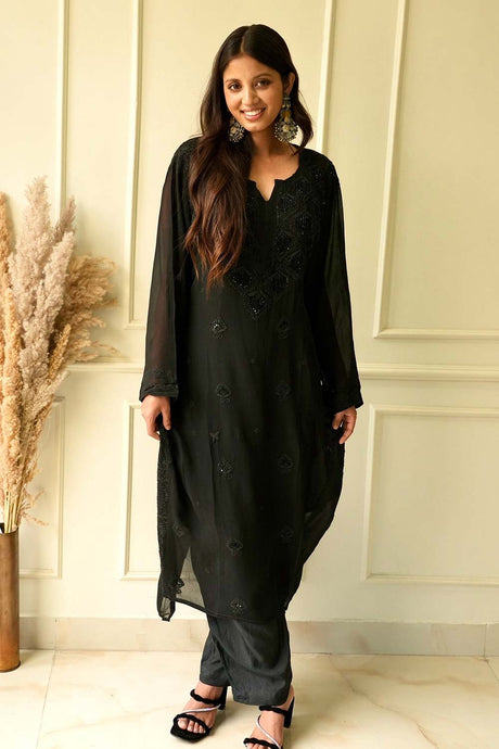 Elizeh chikankari and Cutdana 3 pc set in Black