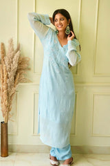 Elizeh chikankari and pearl 3 pc set in Blue