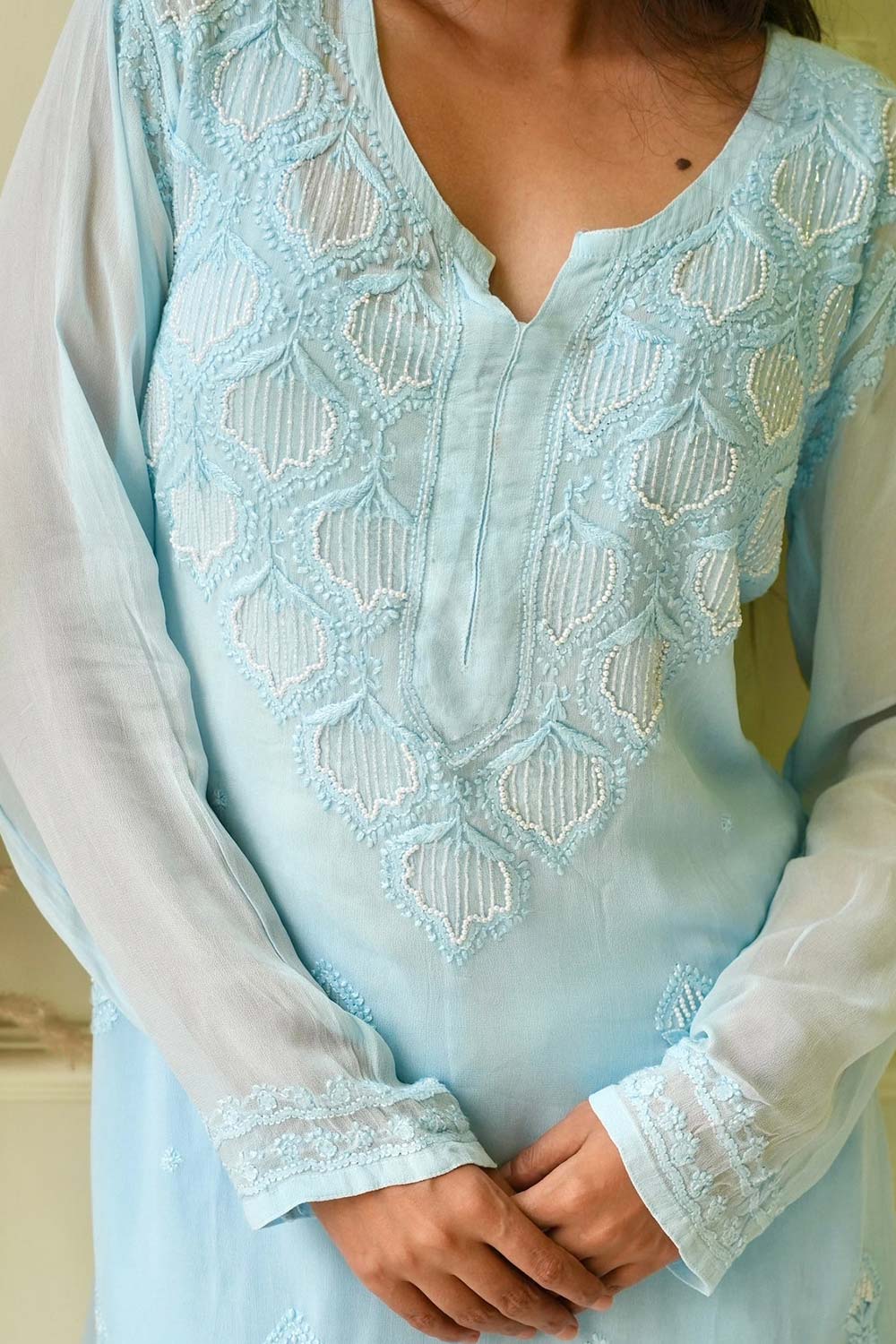 Elizeh chikankari and pearl 3 pc set in Blue