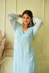 Elizeh chikankari and pearl 3 pc set in Blue