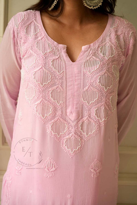 Elizeh chikankari and pearl 3 pc set in Pink