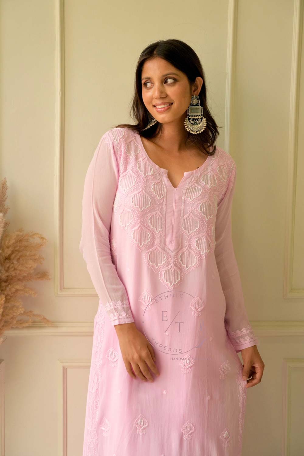 Elizeh chikankari and pearl 3 pc set in Pink