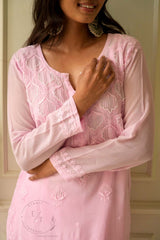 Elizeh chikankari and pearl 3 pc set in Pink