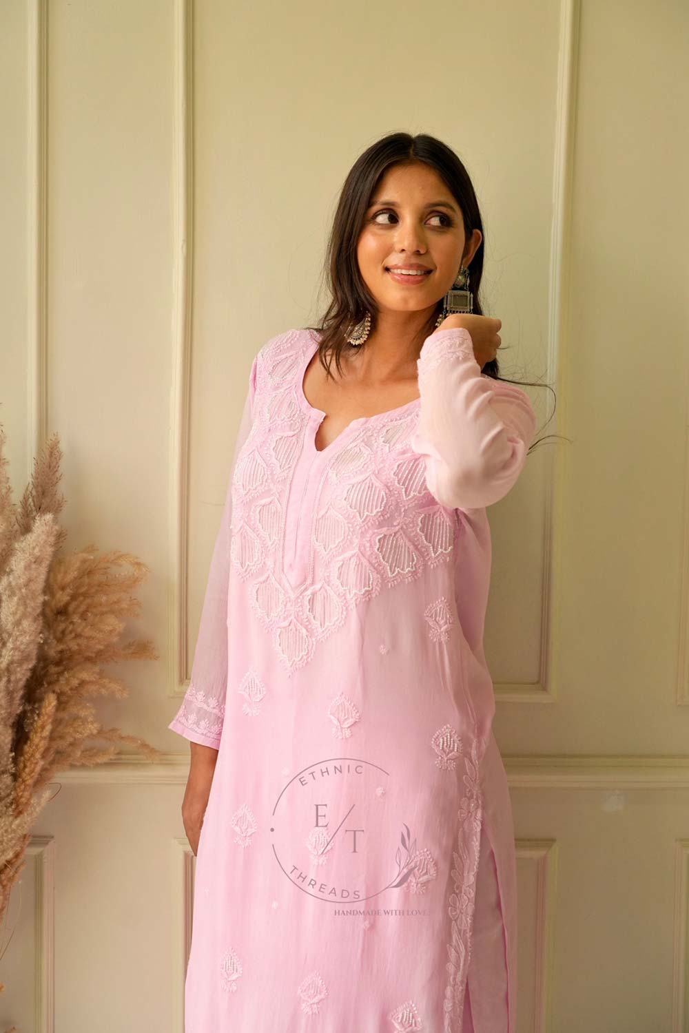 Elizeh chikankari and pearl 3 pc set in Pink