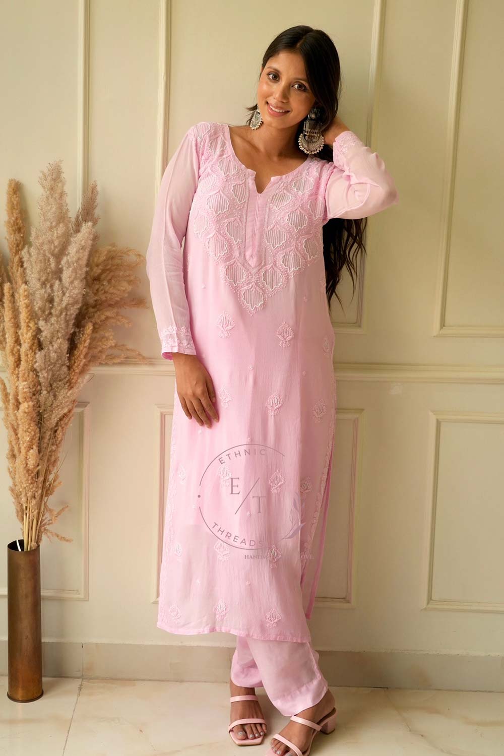 Elizeh chikankari and pearl 3 pc set in Pink