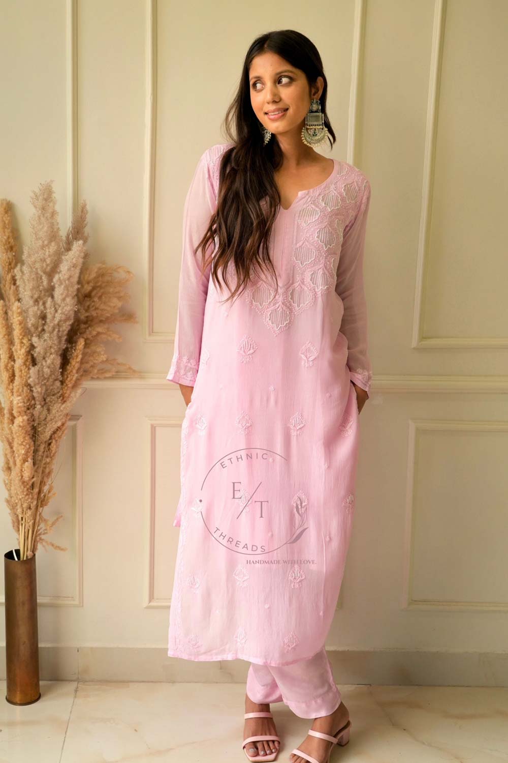 Elizeh chikankari and Pearl kurti in Pink