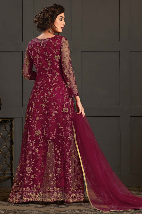 Wine Net Embroidered Salwar Suits