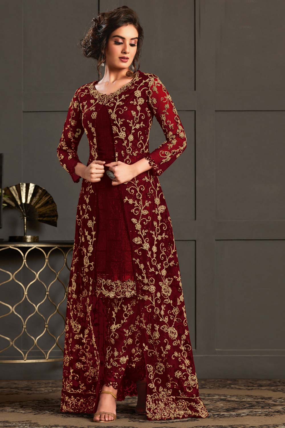 Maroon Net Embroidered Salwar Suits