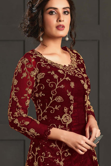 Maroon Net Embroidered Salwar Suits