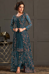 Teal Net Embroidered Salwar Suits