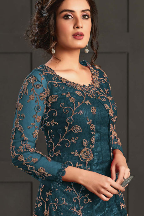 Teal Net Embroidered Salwar Suits