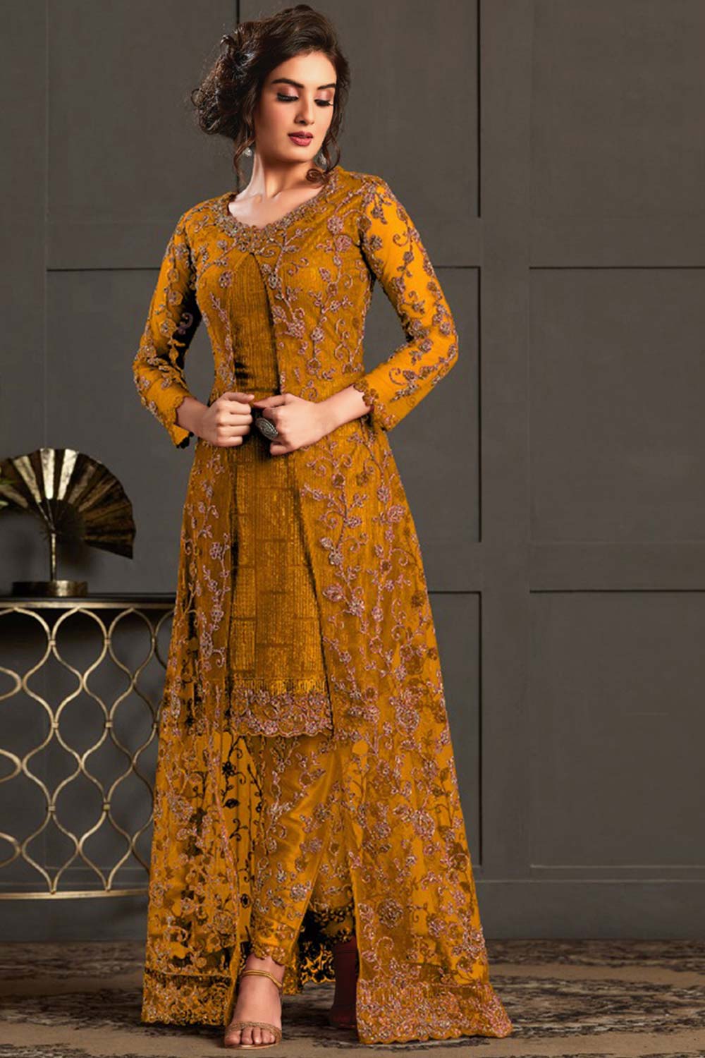 Mustard Net Embroidered Salwar Suits