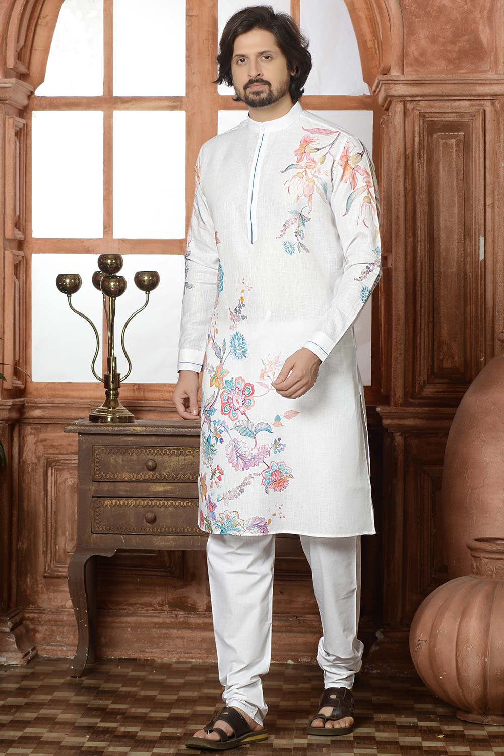 White Cotton Linen Floral Printed Kurta Pajama Set