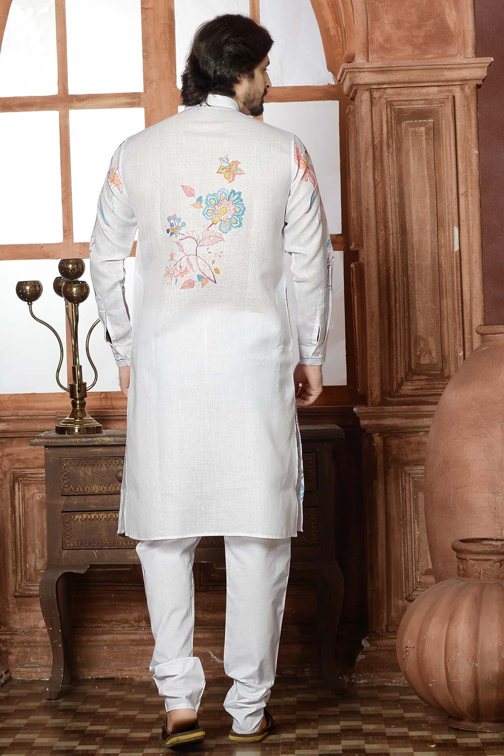 White Cotton Linen Floral Printed Kurta Pajama Set