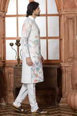 White Cotton Linen Floral Printed Kurta Pajama Set