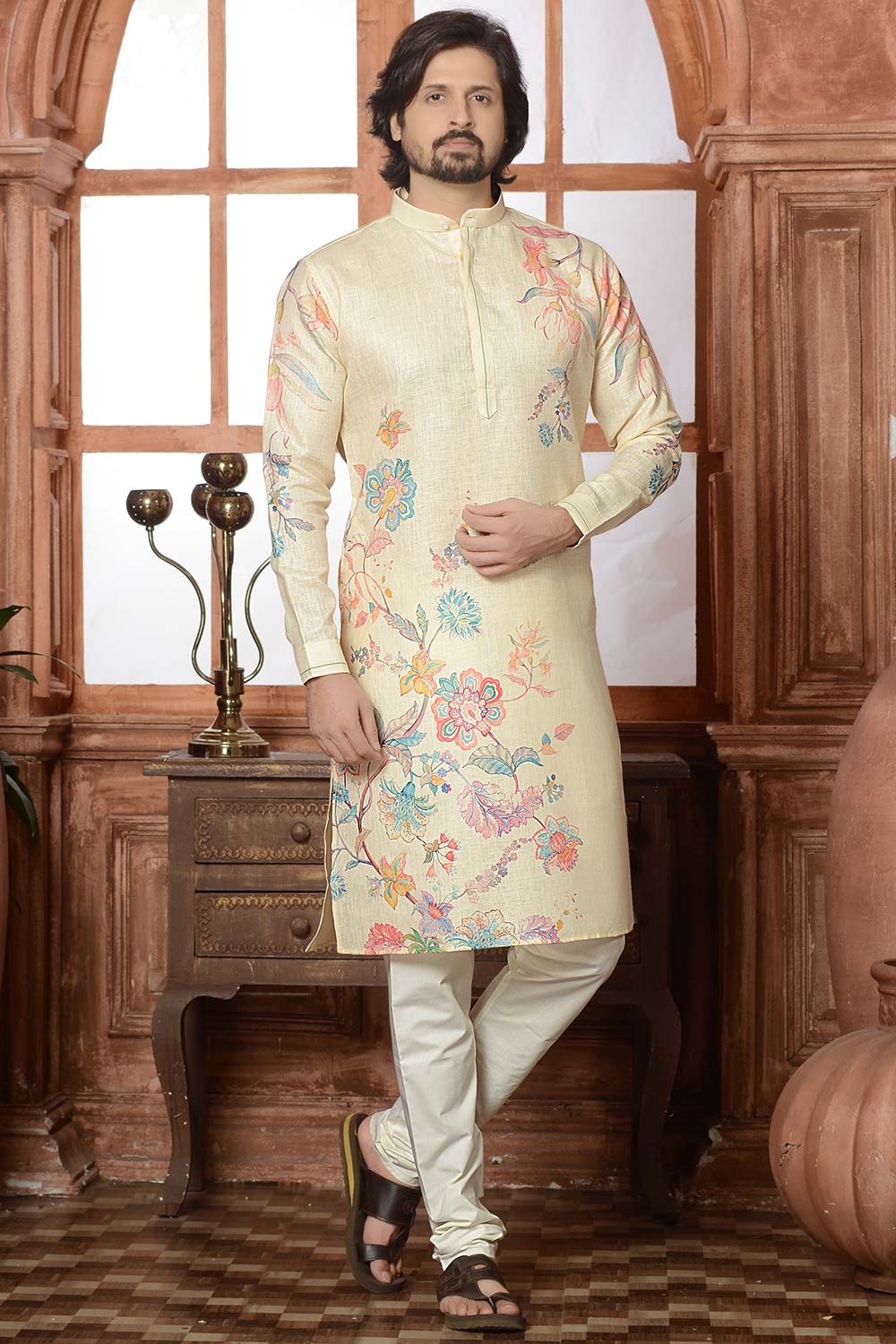 Beige Cotton Linen Floral Printed Kurta Pajama Set