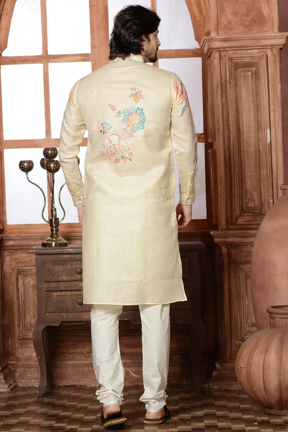 Beige Cotton Linen Floral Printed Kurta Pajama Set