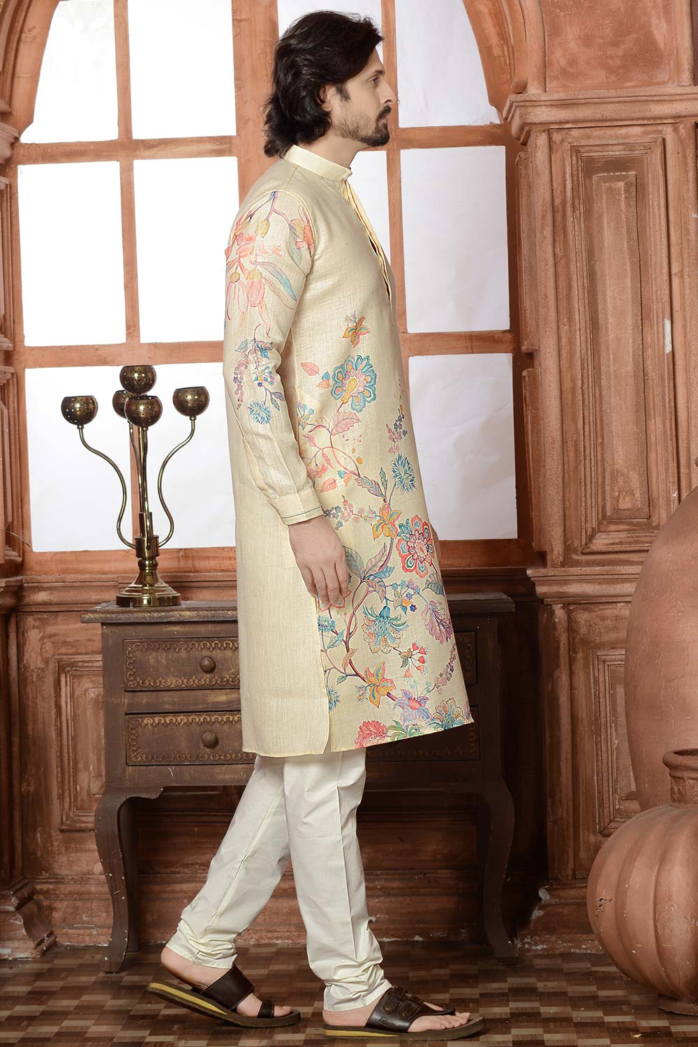 Beige Cotton Linen Floral Printed Kurta Pajama Set