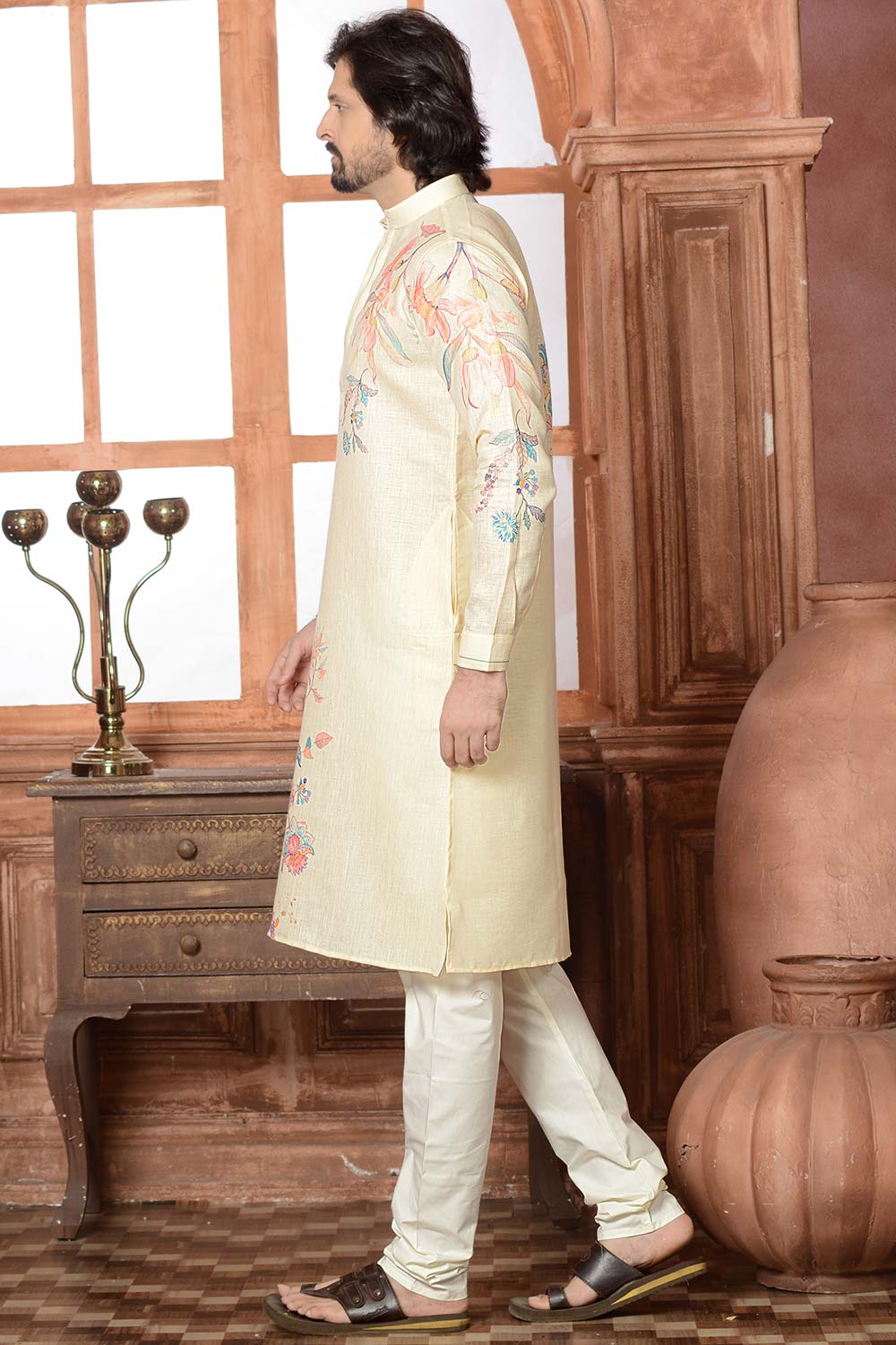 Beige Cotton Linen Floral Printed Kurta Pajama Set