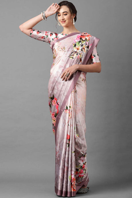 Buy Satin Silk print-floral Printed Saree in Mauve Online