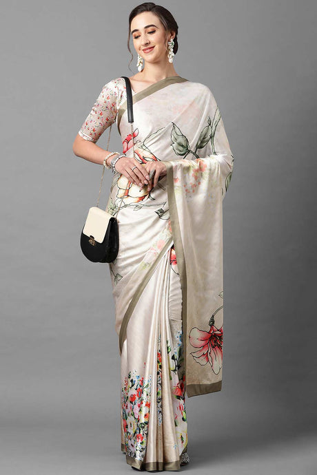 Buy Satin Silk print-floral Printed Saree in Off-White Online