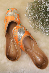 Orange Leather Embroidered & Embllished Jutti