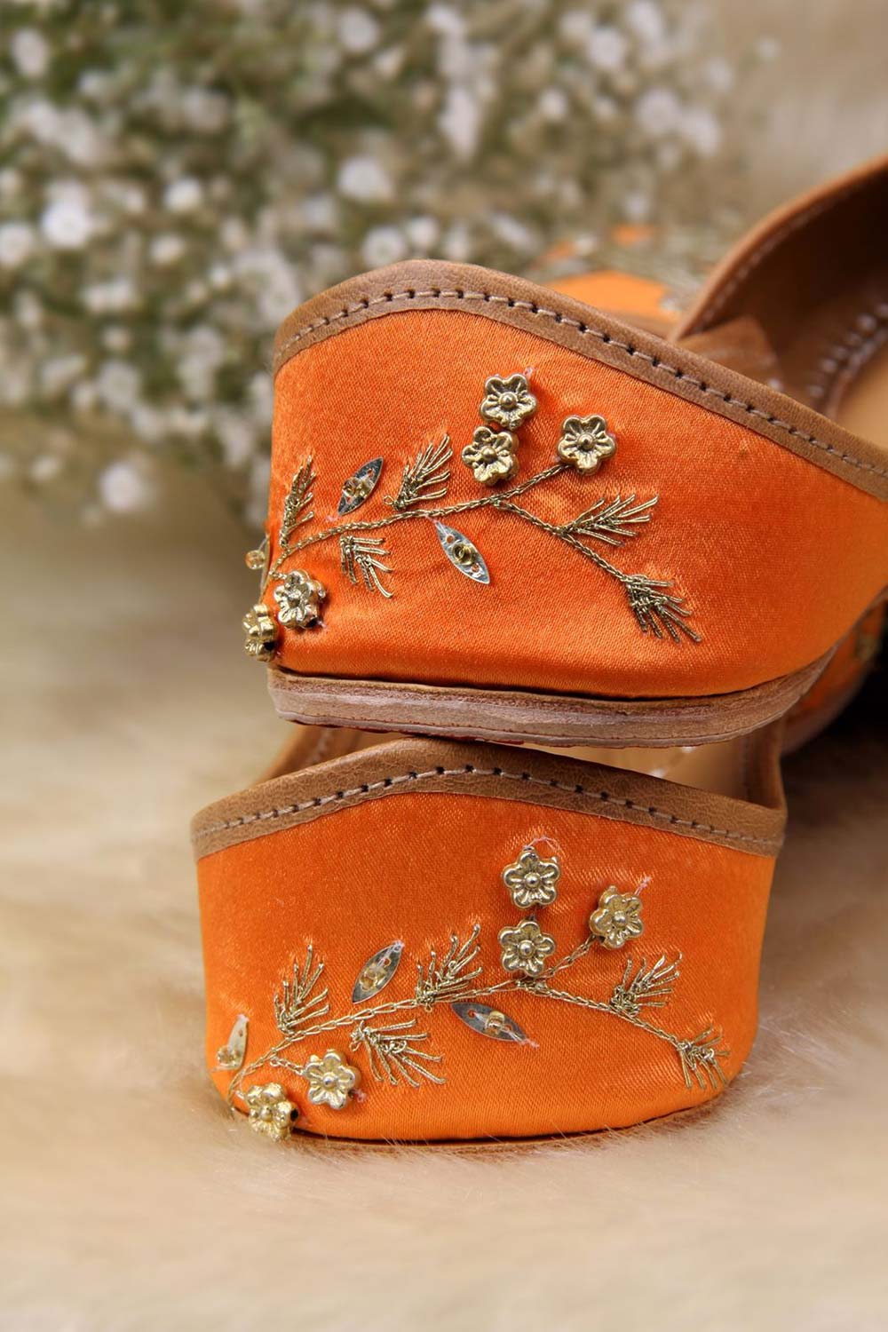 Orange Leather Embroidered & Embllished Jutti