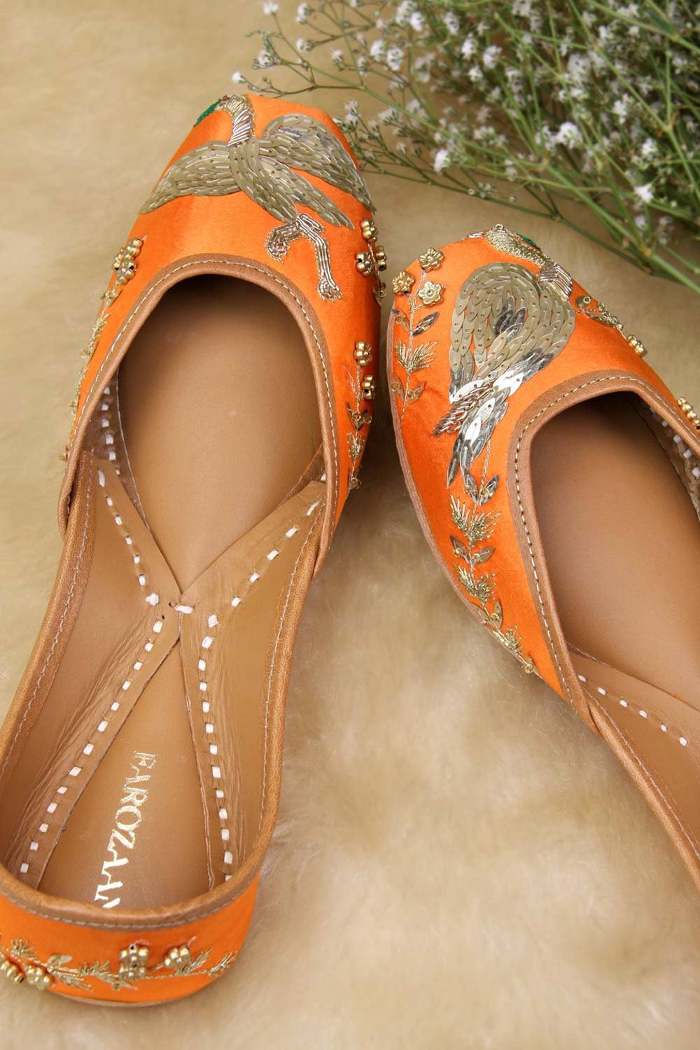 Orange Leather Embroidered & Embllished Jutti