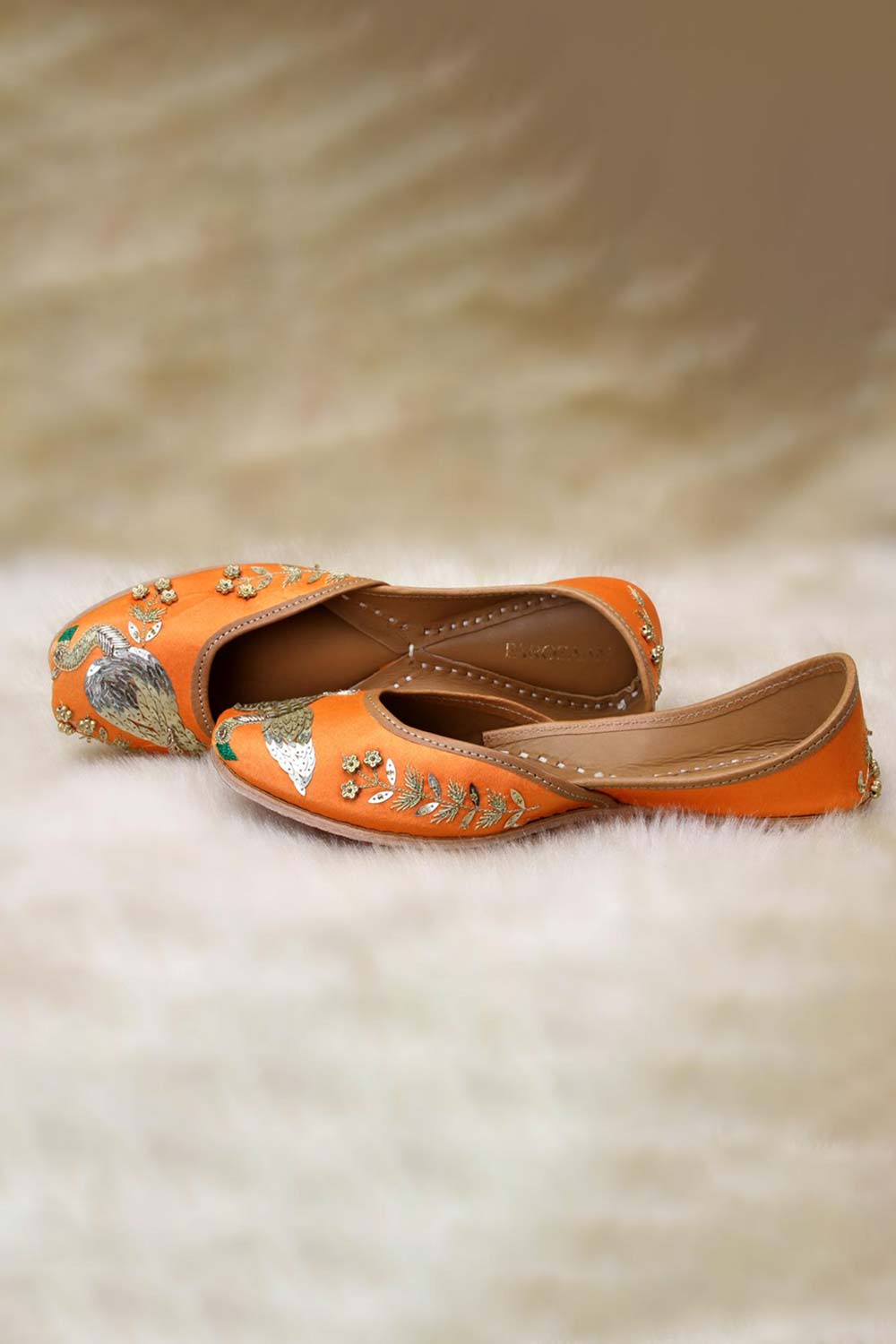 Orange Leather Embroidered & Embllished Jutti