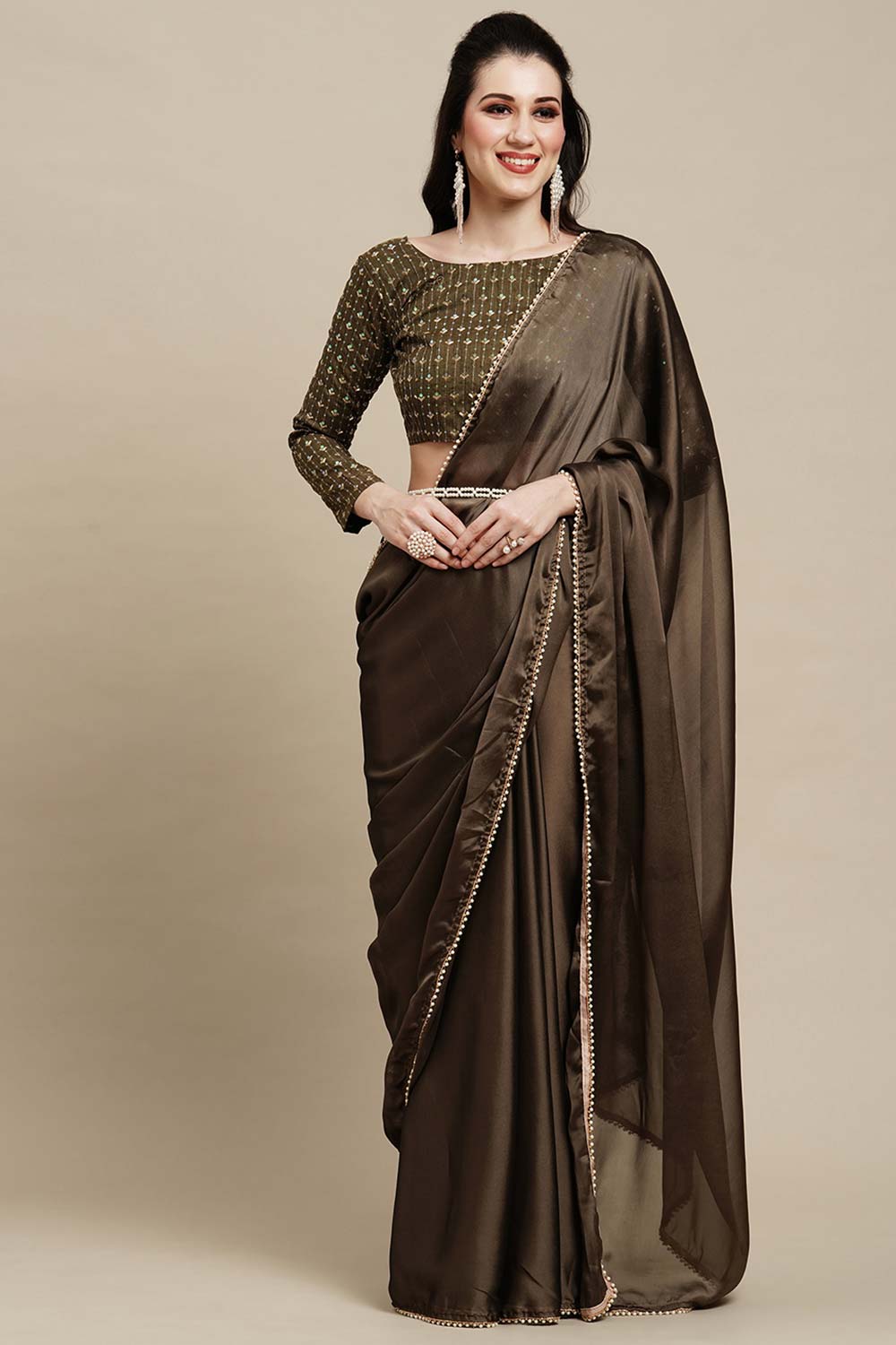 Siena Olive Georgette Sequins Saree