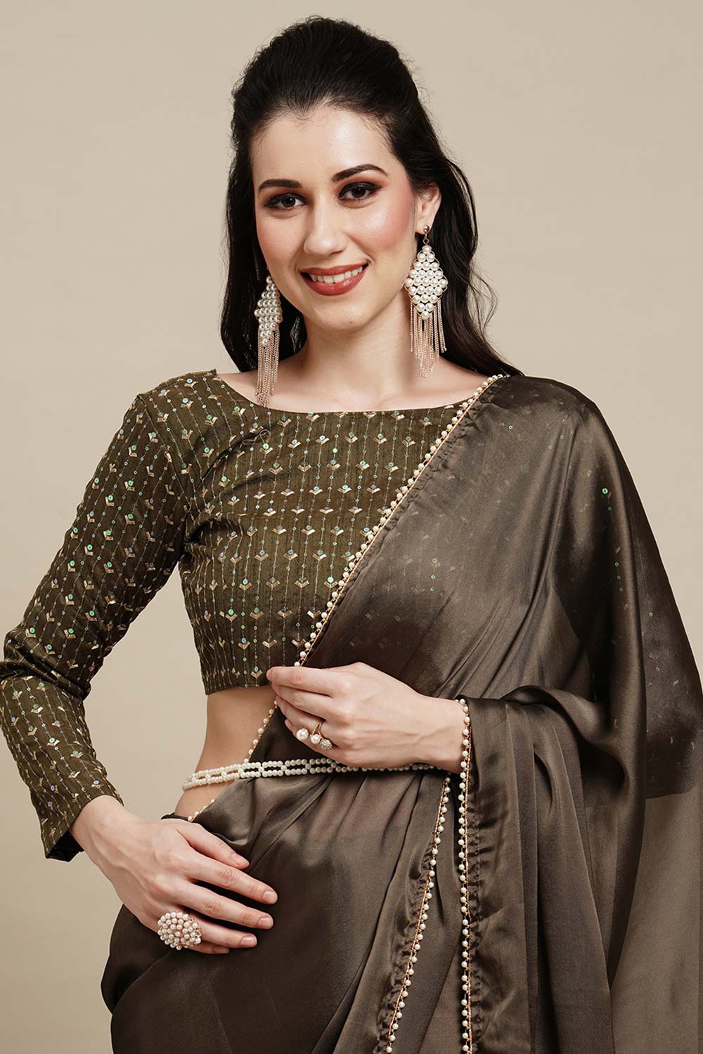 Siena Olive Georgette Sequins Saree