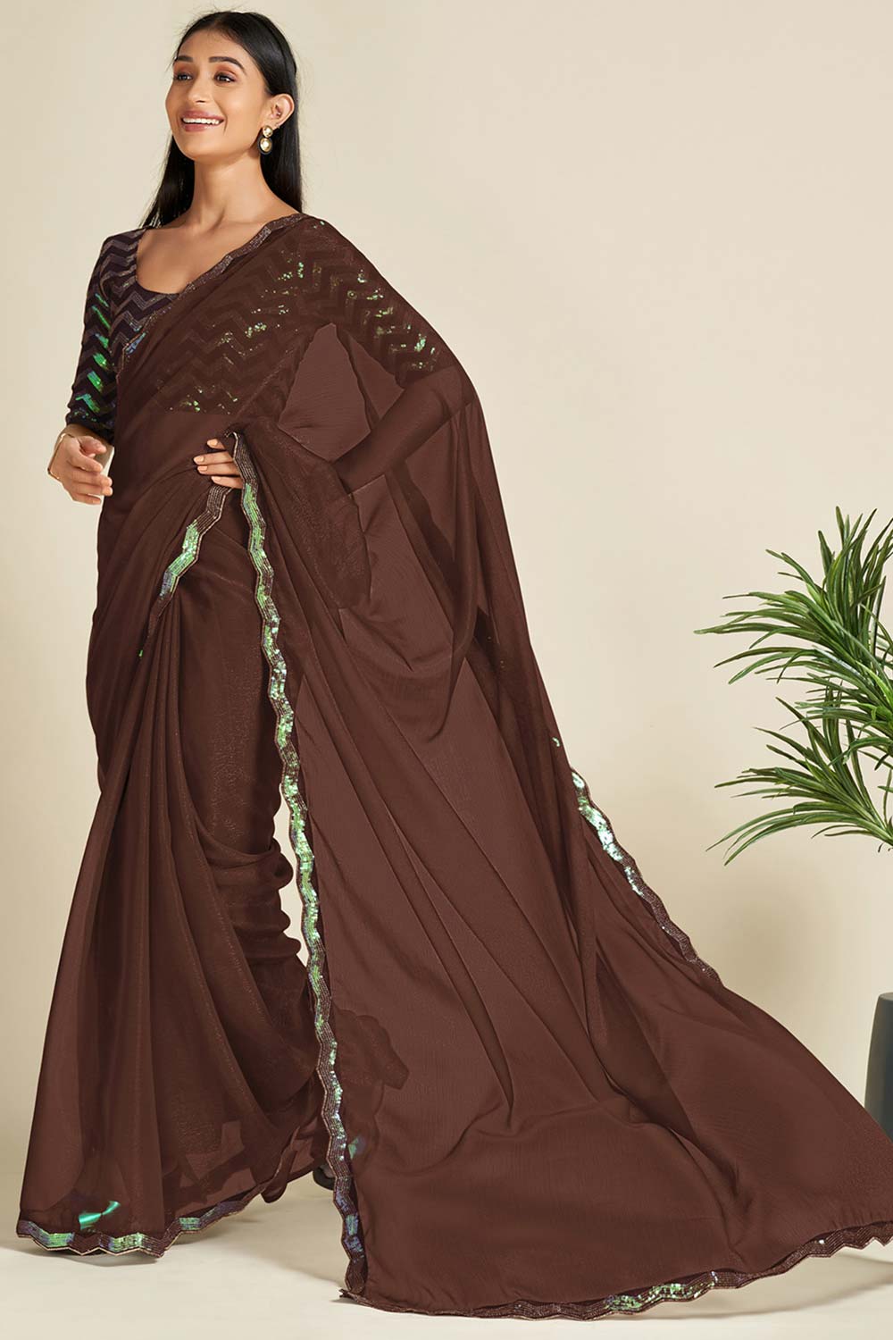 Siena Brown Georgette Sequins Saree