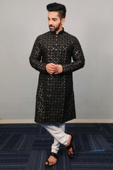 Black Embellished Silk Kurta Pajama Set