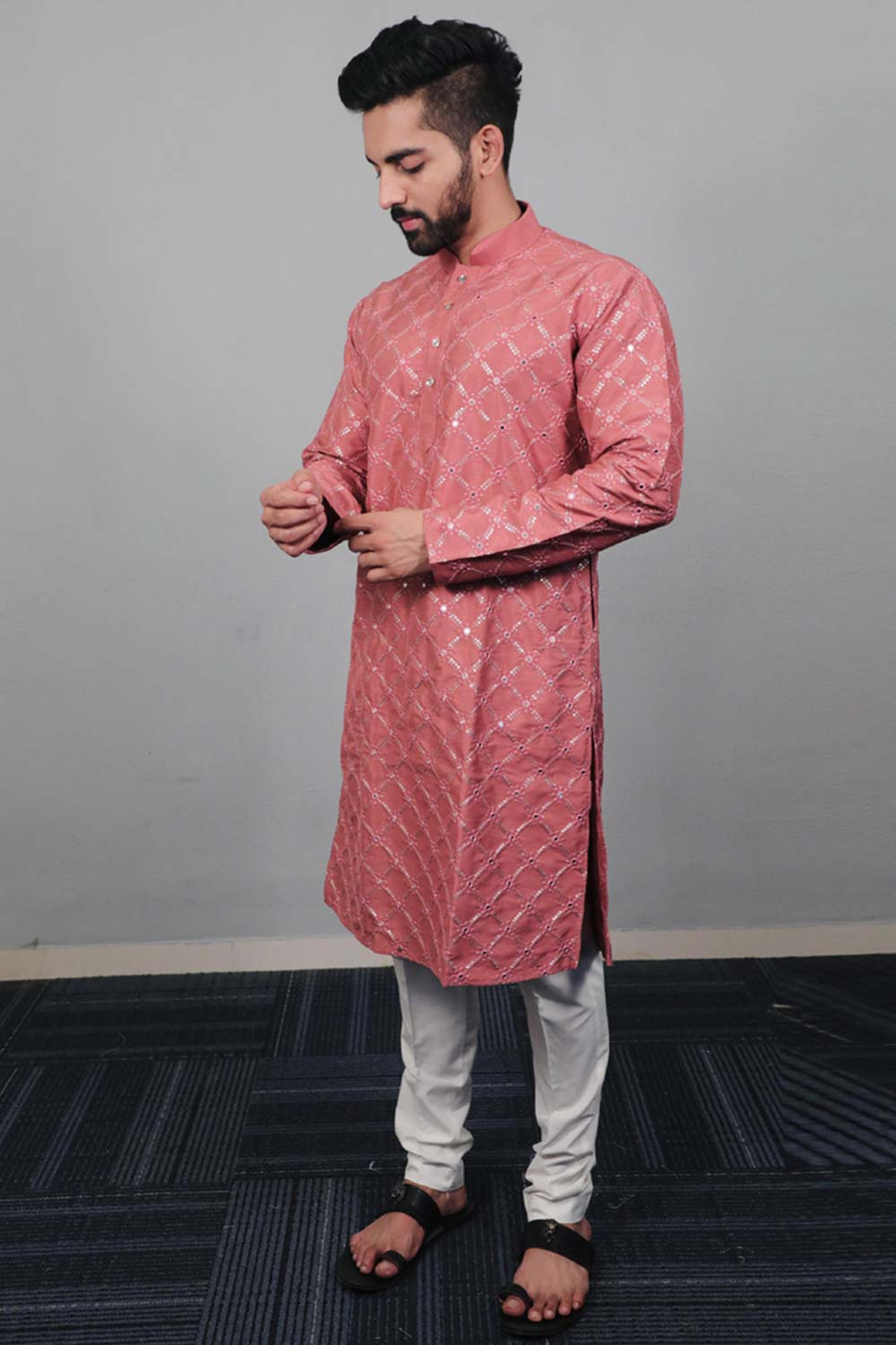 Pink Embellished Silk Kurta Pajama Set