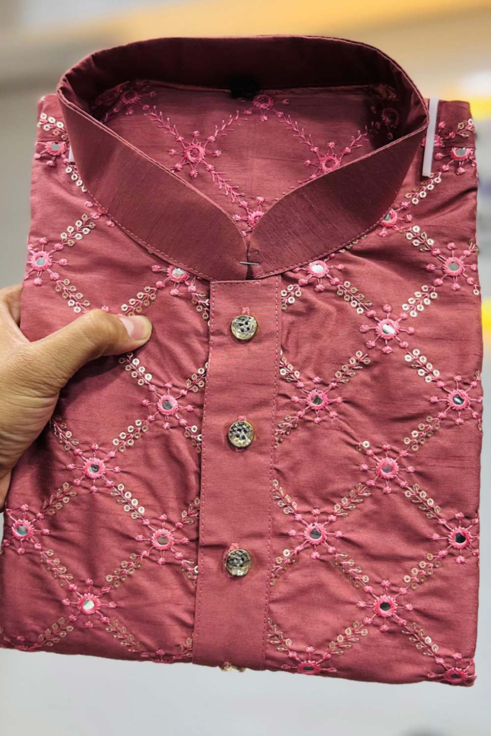 Pink Embellished Silk Kurta Pajama Set