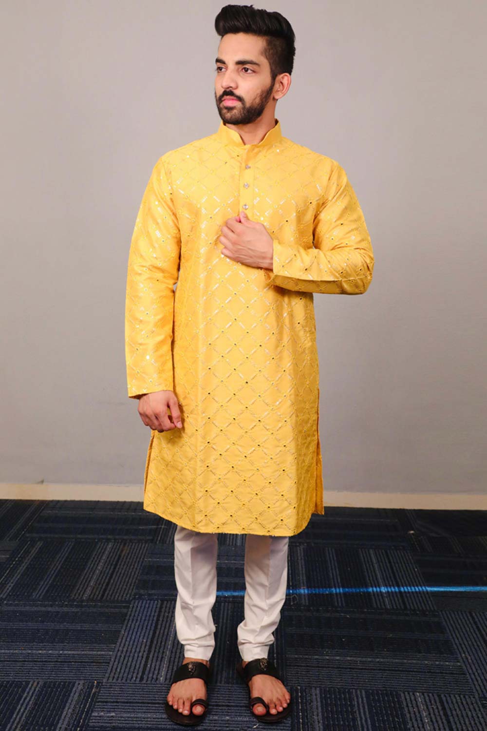 Yellow Embellished Silk Kurta Pajama Set