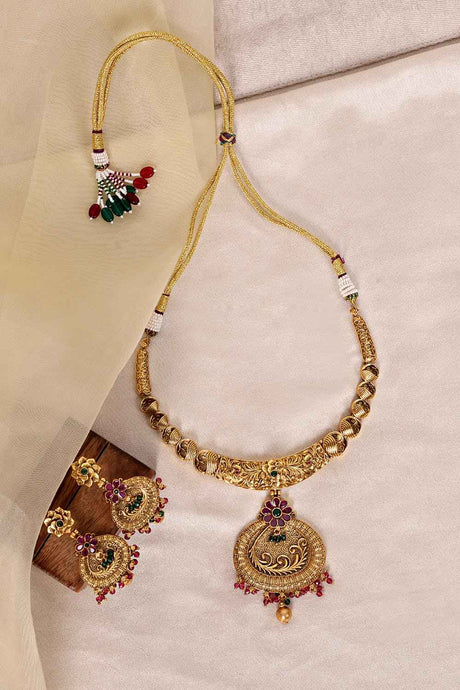 Gold Plated Kemp Stone Antique Necklace And Earrings Jewellery Set