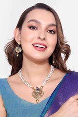 Gold Plated Kemp Stone And Pearl Antique Necklace Jewellery Set With Earrings