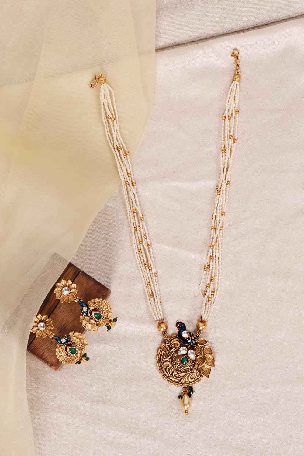 Gold Plated Kemp Stone And Pearl Antique Necklace Jewellery Set With Earrings