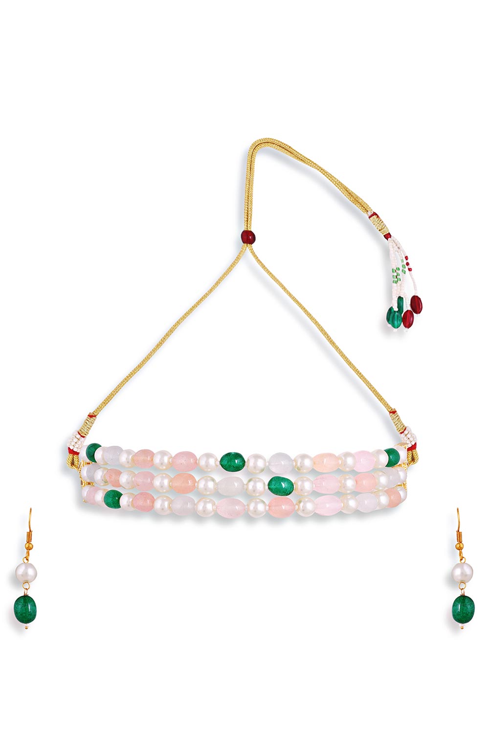 Gold Plated Jaipuri Multi Colour Bead Chocker Necklace With Pair Of Earrings