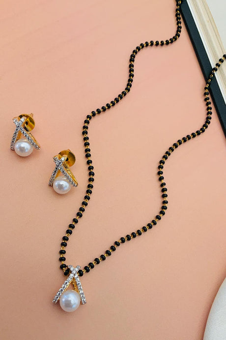 Gold Plated American Diamond And Black Beaded Mangalsutra Set