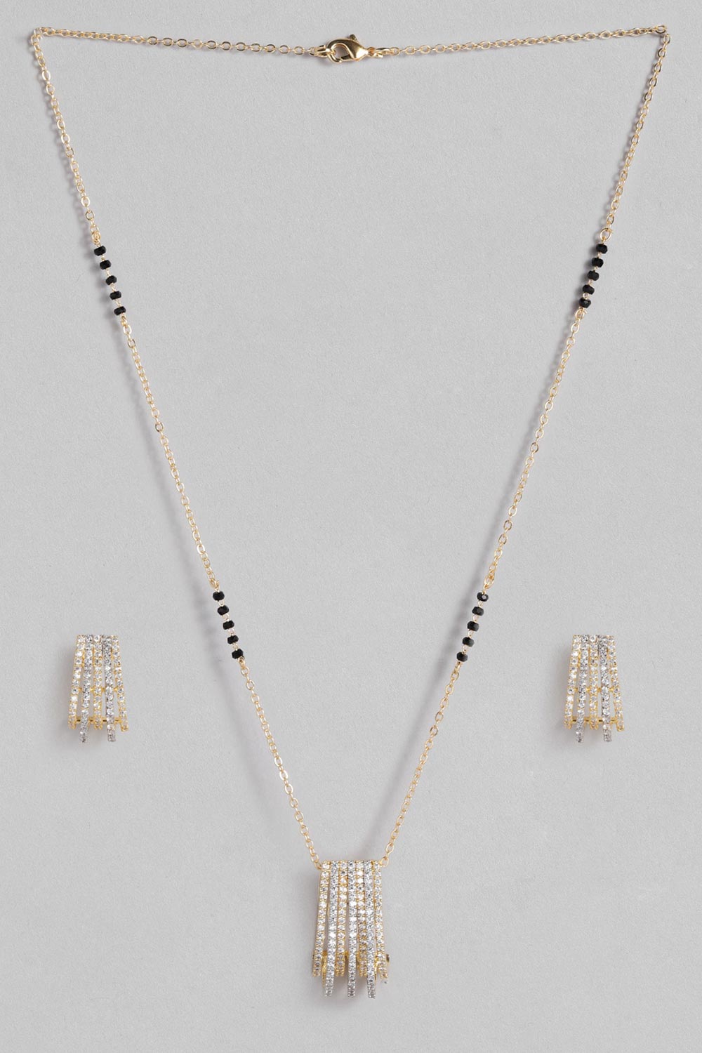 Gold Plated American Diamond And Black Beaded Mangalsutra Set